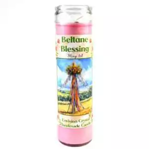 A glass jar ritual candle labeled Beltane aromatic candle with sabbat-themed artwork on the label, showing a wax-filled jar candle for May Day celebration