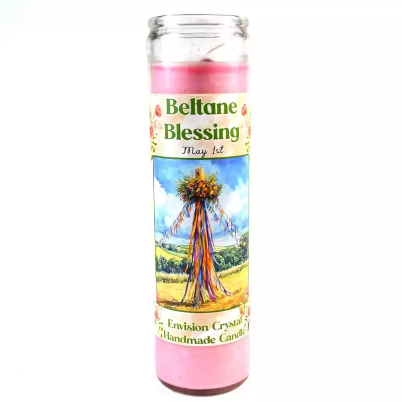 A glass jar ritual candle labeled Beltane aromatic candle with sabbat-themed artwork on the label, showing a wax-filled jar candle for May Day celebration
