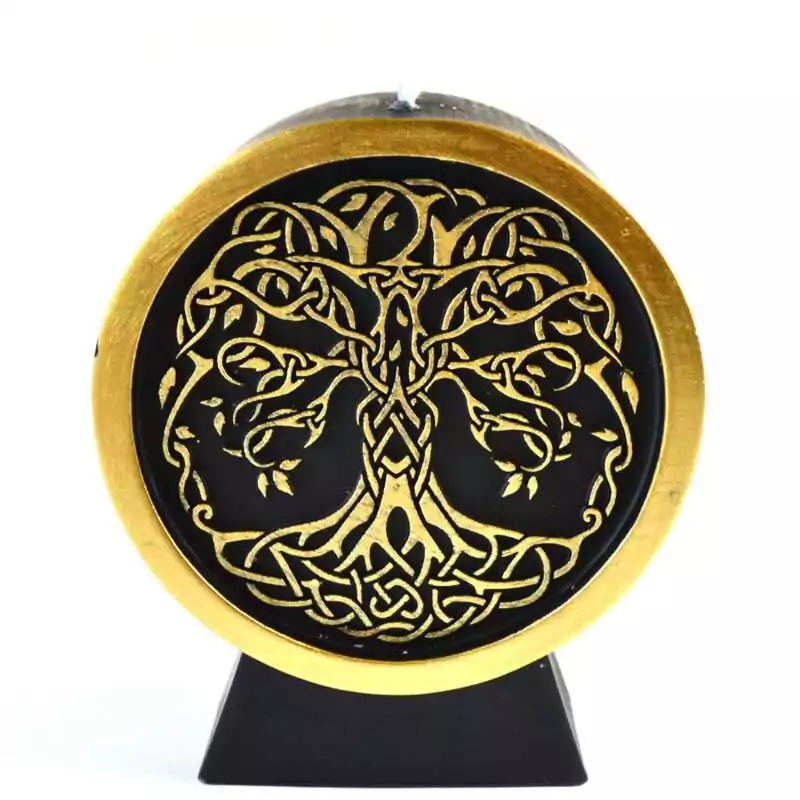 Black-Tree-of-Life-candle-CTOLBK A black wax Tree of Life figure candle showing a detailed tree silhouette with spreading branches and roots molded into the front of the candle on a plain background