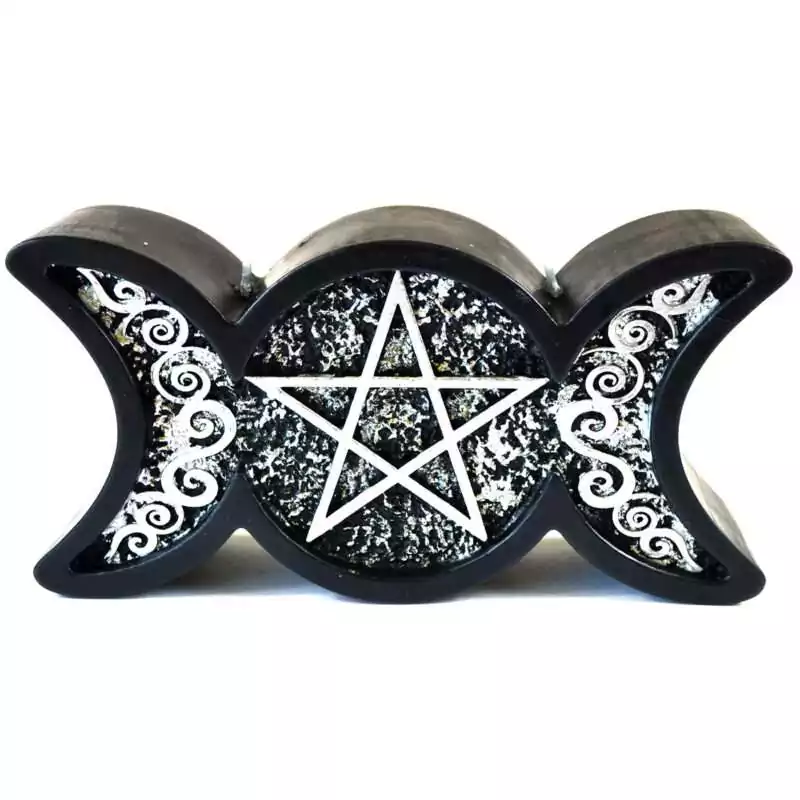 A black wax Triple Moon figure candle with waxing crescent, full circle, and waning crescent moon symbols embossed across the front face in deep black wax