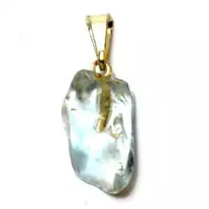 Blue topaz tumbled stone pendant in pale sky-blue hue, wire-wrapped and hanging on a thin cord necklace.
