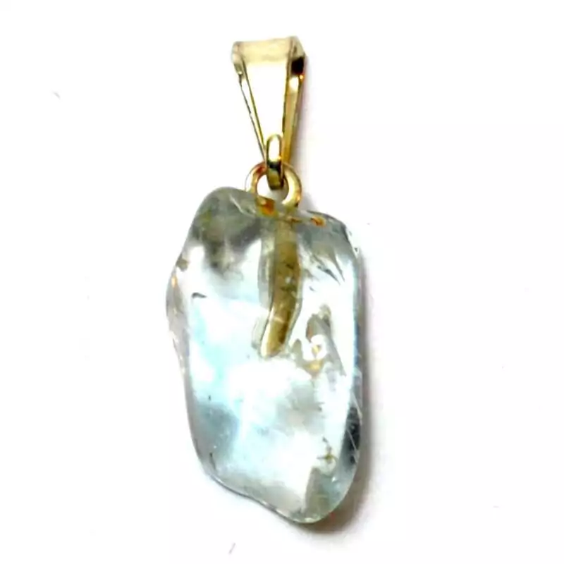 Blue topaz tumbled stone pendant in pale sky-blue hue, wire-wrapped and hanging on a thin cord necklace.