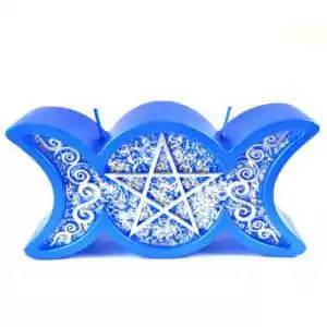A blue wax Triple Moon figure candle with waxing crescent, full circle, and waning crescent moon symbols embossed on the front in rich deep blue wax with smooth finish