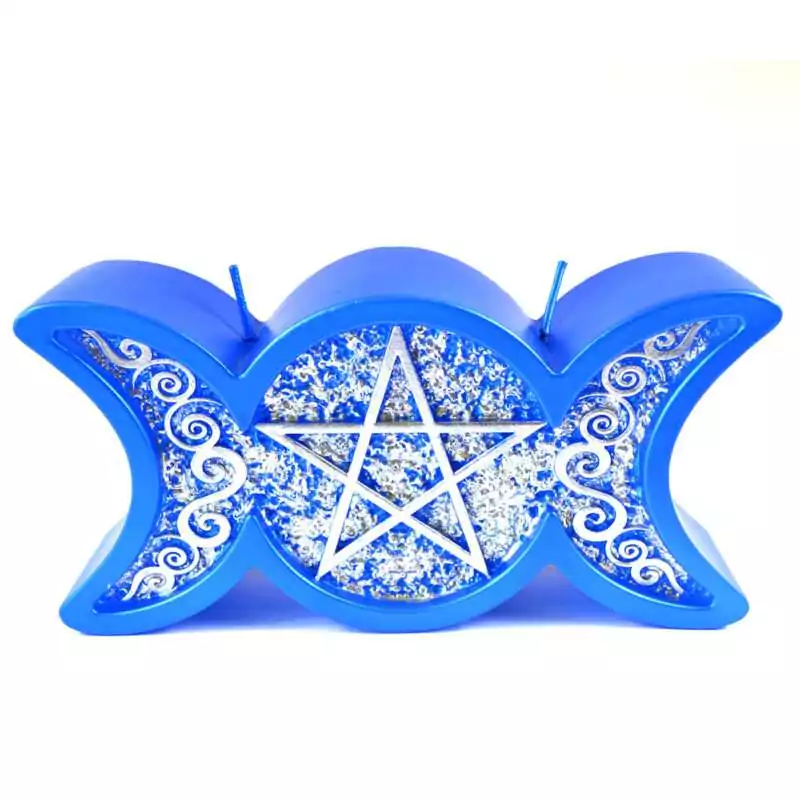 A blue wax Triple Moon figure candle with waxing crescent, full circle, and waning crescent moon symbols embossed on the front in rich deep blue wax with smooth finish
