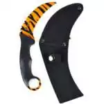 8 3/4 inch boline ritual knife with tiger print patterned handle and curved blade on plain background
