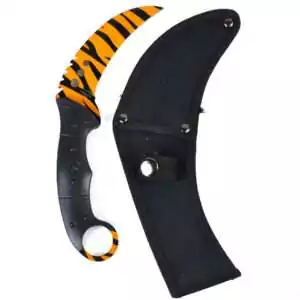 8 3/4 inch boline ritual knife with tiger print patterned handle and curved blade on plain background