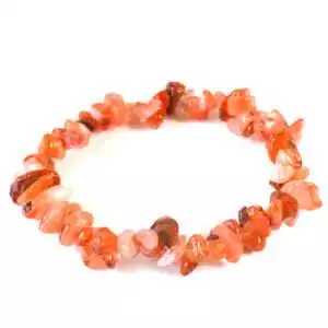 Natural carnelian chip bracelet on stretch cord showing rough orange, red, and amber polished stone chips against a white background