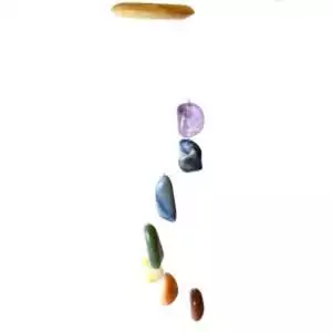 Wind chime with seven tumbled chakra crystal stones strung vertically on cord, showing seven distinct gemstone colours from red to violet