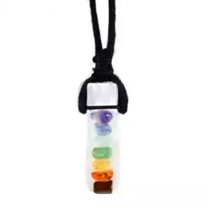 Multi-stone chakra crystal pendant on an adjustable waxed cord necklace showing seven chakra-colored stone chips arranged vertically on a white background