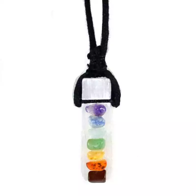 Chakra-W-cord-necklace-JNCHA Multi-stone chakra crystal pendant on an adjustable waxed cord necklace showing seven chakra-colored stone chips arranged vertically on a white background
