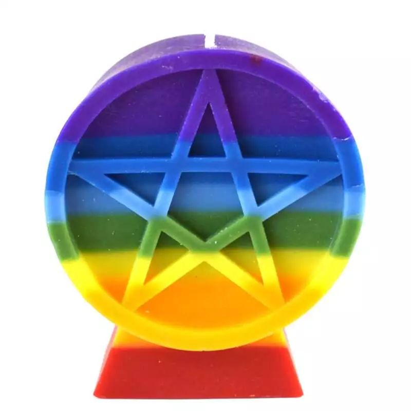 Charka-Pentacle-candle-CPENCH A chakra pentacle figure candle showing rainbow-layered wax in red, orange, yellow, green, blue, indigo, and violet with a pentacle symbol embossed on the front face