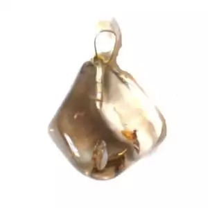 Golden-yellow citrine tumbled stone pendant wire-wrapped on a cord necklace, photographed on white background.