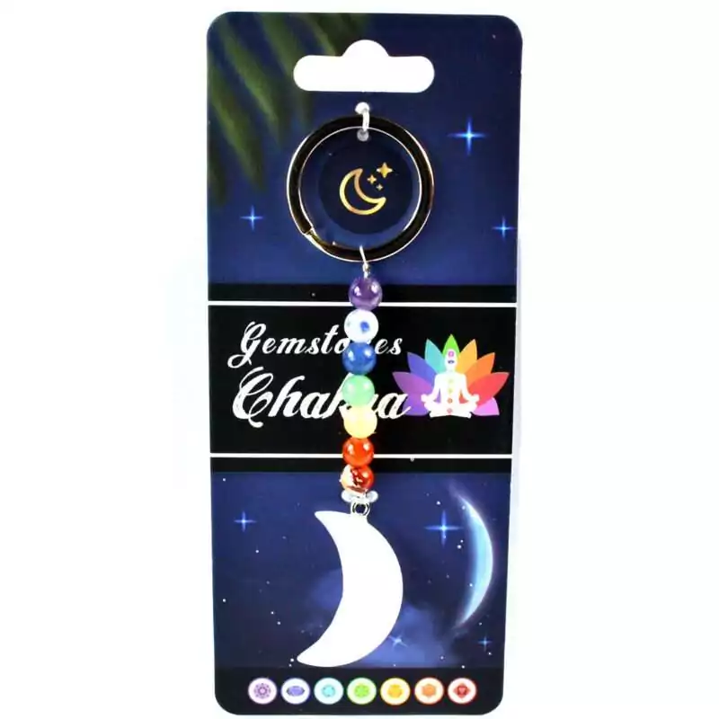 Cresent-Moon-W-Chakra-stones-keychain-JK037 Crescent moon charm keychain with a strand of seven multicolored chakra stones on a metal ring displayed on a white background