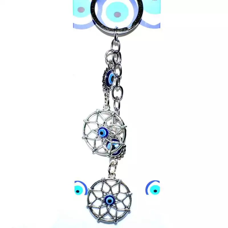 Double-Dreamcatcher-evil-eye-keychain-JK034 Double dreamcatcher evil eye keychain with two woven dreamcatcher charms and blue nazar bead on a metal split ring against a white background