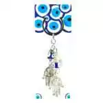 Double Hand of Fatima evil eye keychain with two hamsa charms and a blue nazar evil eye bead on a metal ring displayed on a white background