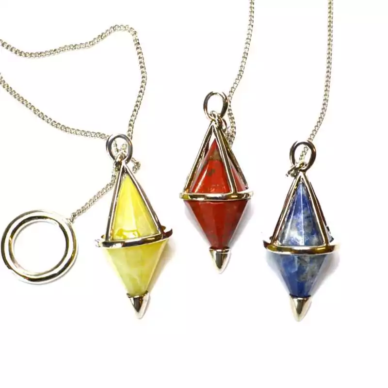 Double-Terminated-Mixed-stones-pendulum-GPENM Double-terminated gemstone pendulum with pointed ends in a mixed natural stone, hanging from a metal chain on a white background