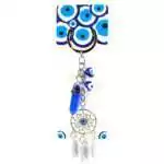 Dreamcatcher evil eye keychain with woven dreamcatcher charm, blue nazar bead, and hanging point pendant on a metal split ring on white background
