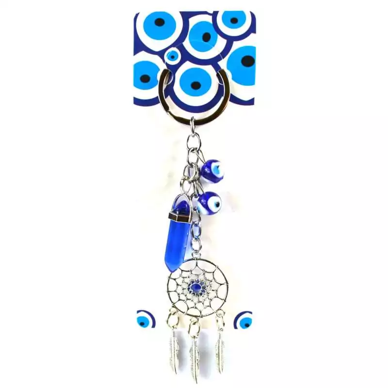 Dreamcatcher evil eye keychain with woven dreamcatcher charm, blue nazar bead, and hanging point pendant on a metal split ring on white background