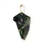 Deep green emerald tumbled stone pendant in wire wrap on a cord necklace, shown on plain white background.