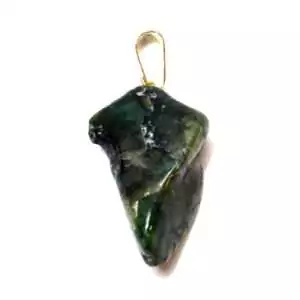 Deep green emerald tumbled stone pendant in wire wrap on a cord necklace, shown on plain white background.
