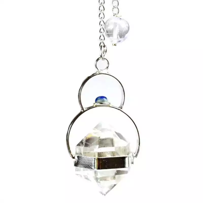 Faceted clear quartz pendulum with a lapis lazuli accent bead on a metal chain, showing deep blue lapis and transparent quartz against a white background