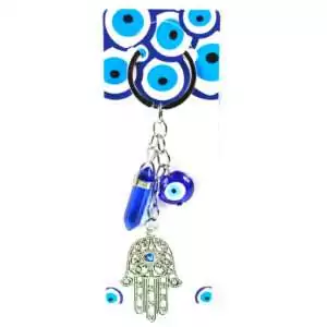 Hand of Fatima hamsa charm evil eye keychain with blue nazar bead and hanging point pendant on a metal ring against a white background