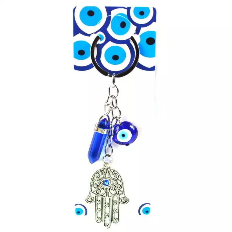 Hand-of-Fatima-W-Point-evil-eye-keychain-JK029 Hand of Fatima hamsa charm evil eye keychain with blue nazar bead and hanging point pendant on a metal ring against a white background