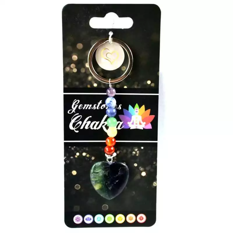 Heart-W-Chakra-stones-keychain-JK038 Heart-shaped charm keychain with a strand of seven small multicolored chakra crystal stones on a metal ring against a white background