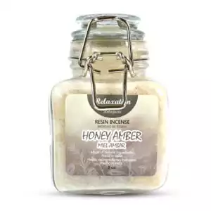 Honey amber resin incense jar 3 oz — golden amber-toned granules in a clear glass jar with label on neutral background.