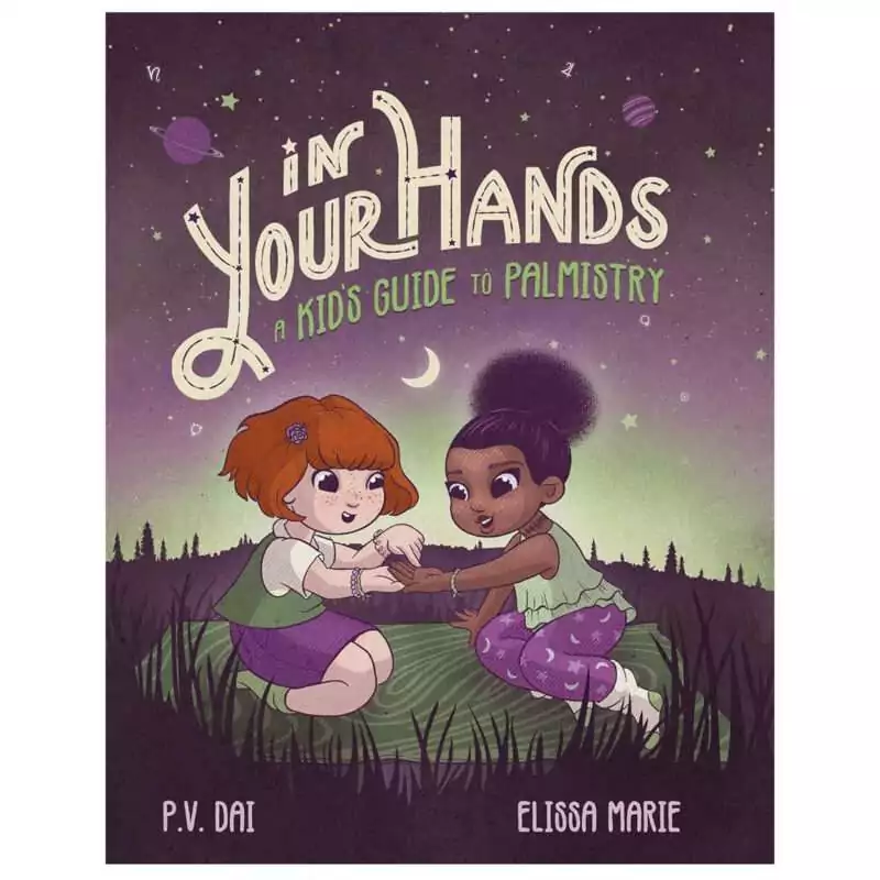 In-Your-Hands-hc-by-Dai-Marie-BINYOUH Front cover of In Your Hands hardcover palmistry book by Dai and Marie showing an illustrated hand with palm lines highlighted in gold on a dark background
