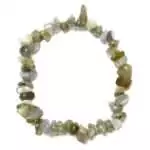 Natural labradorite chip bracelet on stretch cord with rough grey-green iridescent stone chips showing blue-green labradorescence on a white background