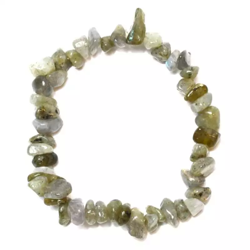 Natural labradorite chip bracelet on stretch cord with rough grey-green iridescent stone chips showing blue-green labradorescence on a white background
