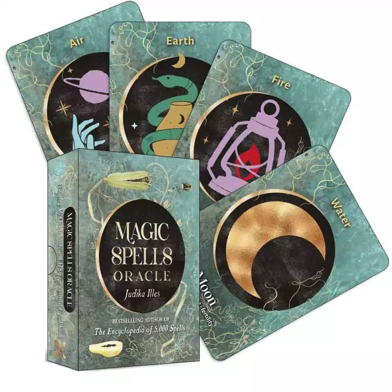Version 1.0.0 Magic Spells Oracle deck box by Judika Illes showing colorful folk magic cover art with bold illustrated design and title text