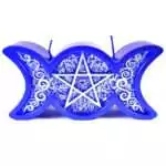 Purple triple moon figure candle shaped with waxing, full, and waning moon symbols, approximately 1.6 pounds, deep violet-purple color