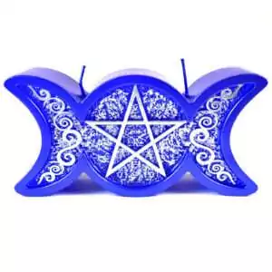 Purple triple moon figure candle shaped with waxing, full, and waning moon symbols, approximately 1.6 pounds, deep violet-purple color
