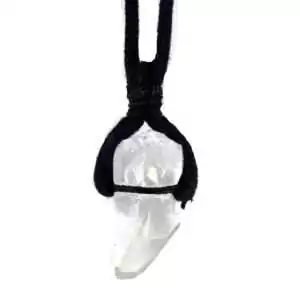 Clear quartz crystal point pendant on an adjustable waxed cord necklace showing transparent faceted stone on a white background