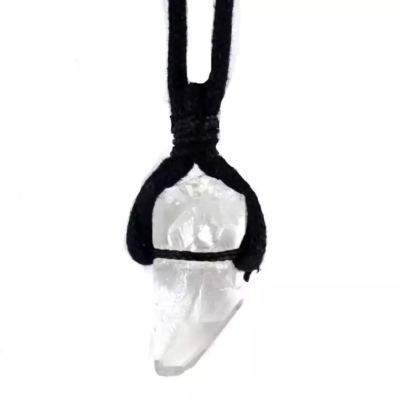 Quartz-W-cord-necklace-JNQUA Clear quartz crystal point pendant on an adjustable waxed cord necklace showing transparent faceted stone on a white background