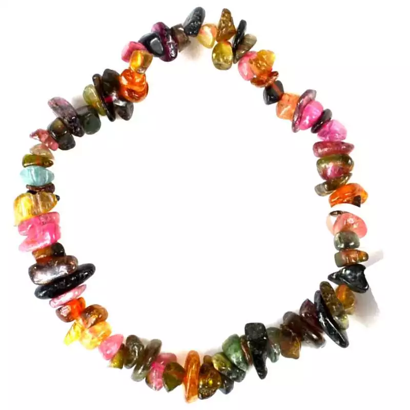 Rainbow-Tourmaline-chip-bracelet-JBC294 Natural rainbow tourmaline chip bracelet on stretch cord with rough multicolor green, pink, and black tourmaline stone chips on a white background