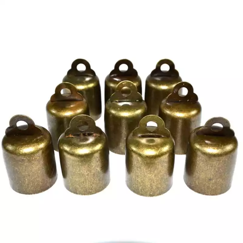 set-of-10-1-12quot-bells-FBABL06 Set of ten 1.5-inch silver-tone ritual altar bells grouped together showing bright metallic finish and rounded bell shape with loop tops