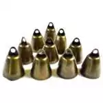 Set of ten 1.25-inch ritual bells with antique brass-like aged patina finish, rounded bell form, arranged in a group on plain background