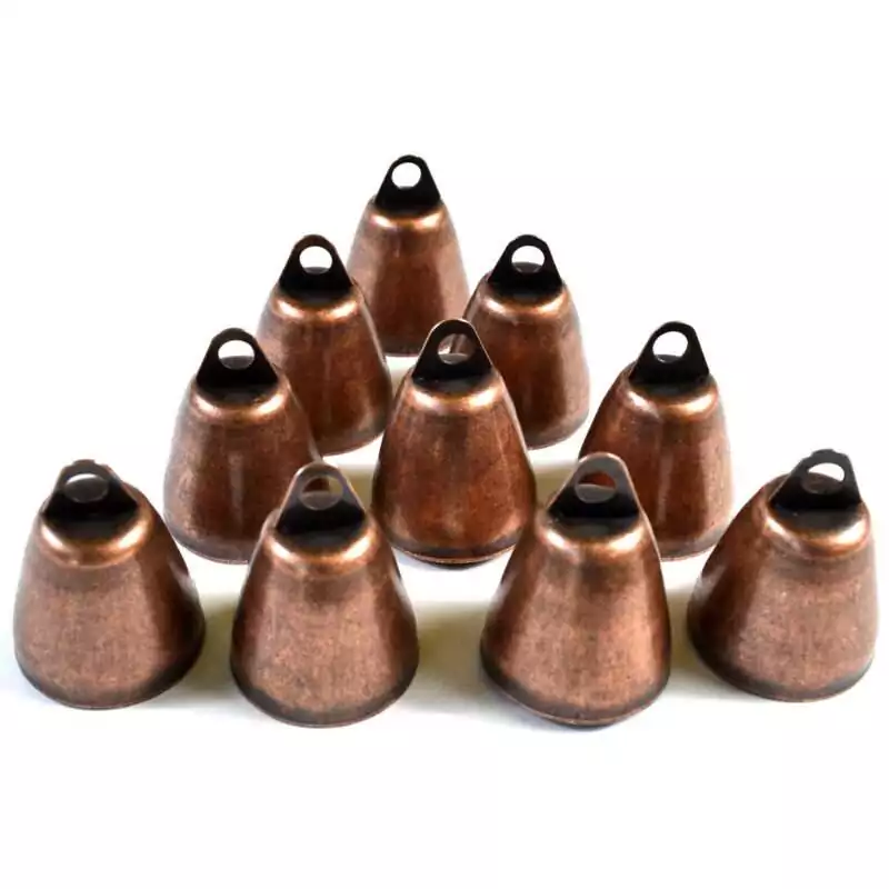 set-of-10-1-14quot-Copper-colored-aluminum-Bell-FBABL04 Set of ten 1.25-inch copper-colored aluminum ritual bells arranged together showing rounded bell shape and warm metallic finish