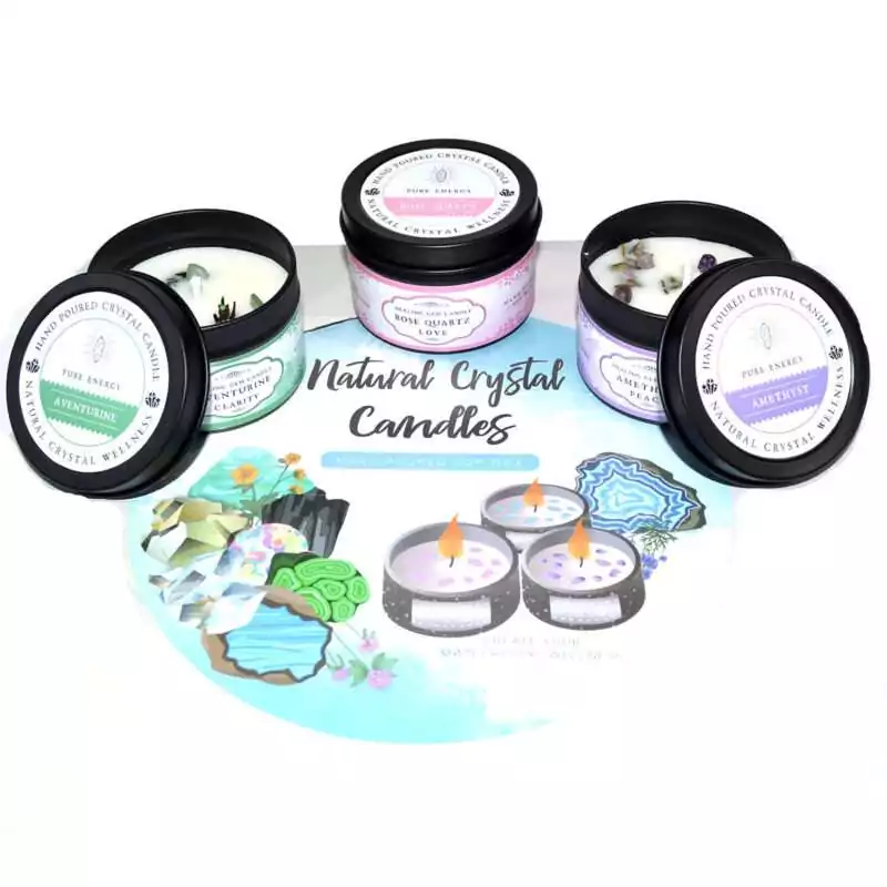 A set of eighteen small mixed gemstone soy jar candles arranged together, showing varied crystal chip inclusions with different colored wax tops in small glass jar containers
