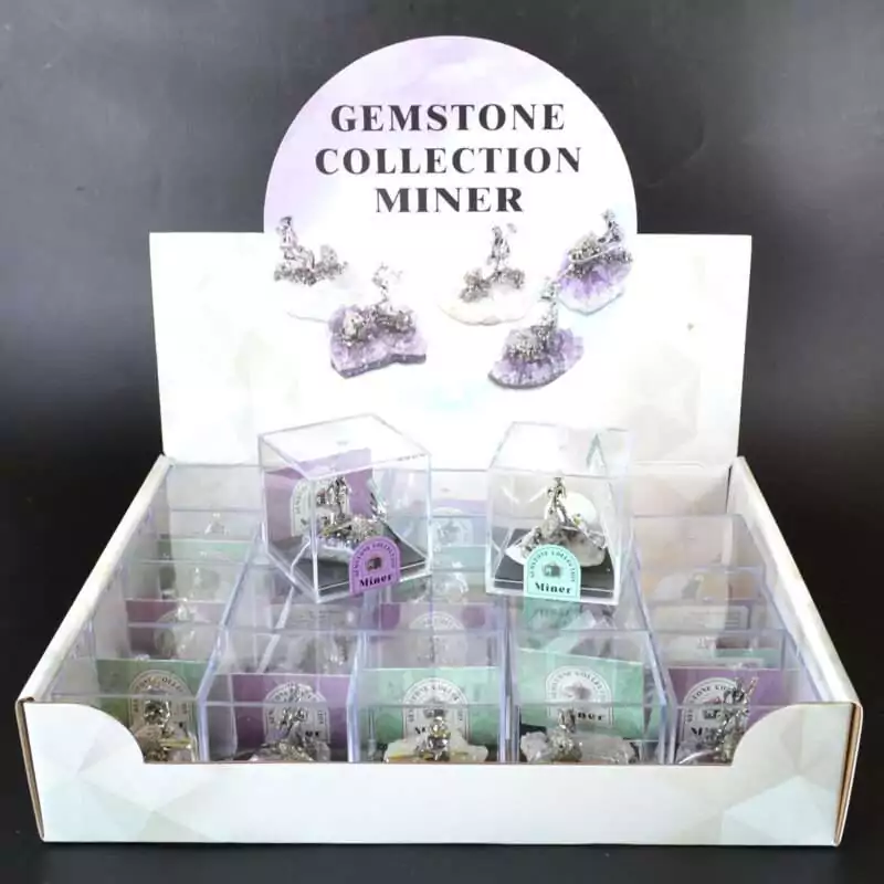 set-of-20-Miner-on-Amethyst-GGMIN20 Set of 20 small miner figurines each mounted on natural purple amethyst crystal bases, displayed in a group showing varied amethyst cluster sizes