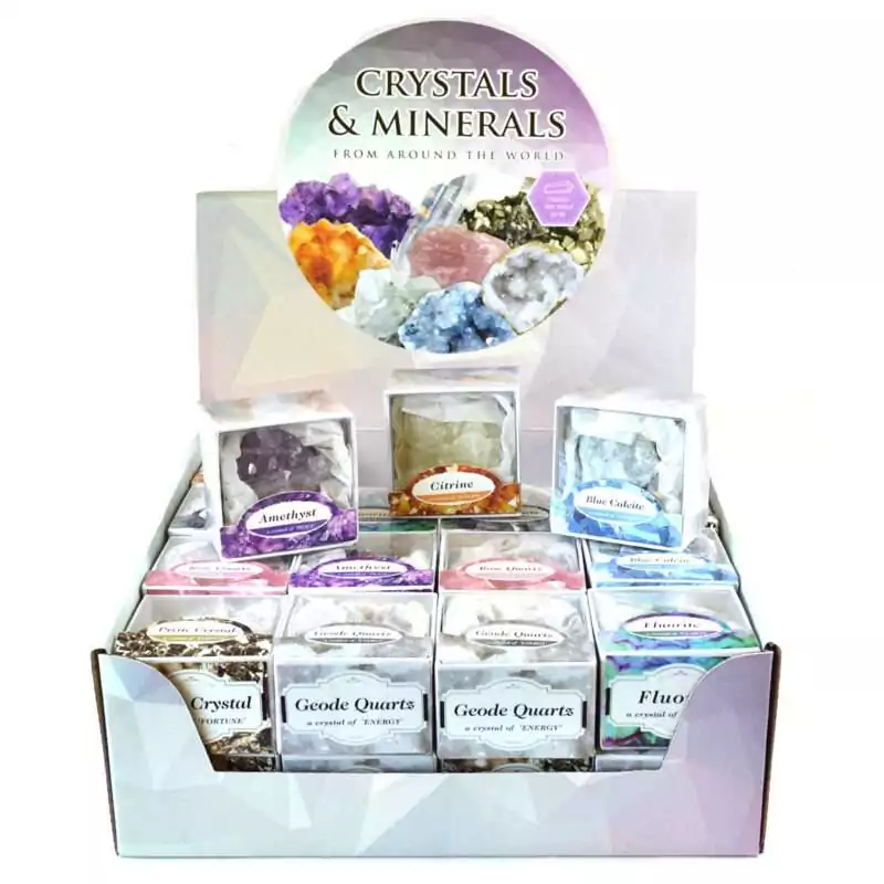 set-of-32-Mixed-Stones-GGMIXS32 Set of 32 assorted natural gemstone and crystal mineral specimens arranged in rows, showing a variety of shapes, colors, and mineral types on a flat display surface