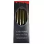 A set of four Vampire Tears taper candles standing together with decorative gothic-styled label featuring dark red and black tones against a plain background