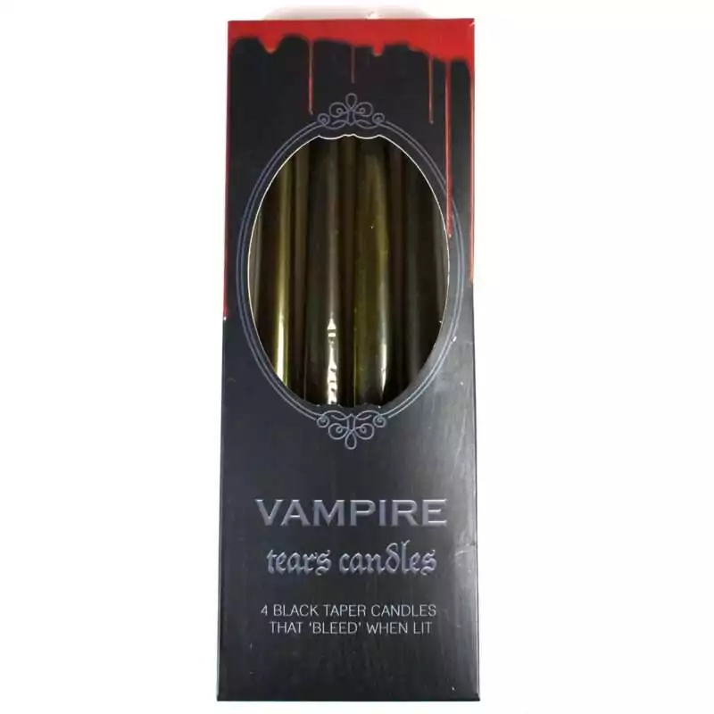set-of-4-Vampire-Tears-candles-CT4103 A set of four Vampire Tears taper candles standing together with decorative gothic-styled label featuring dark red and black tones against a plain background