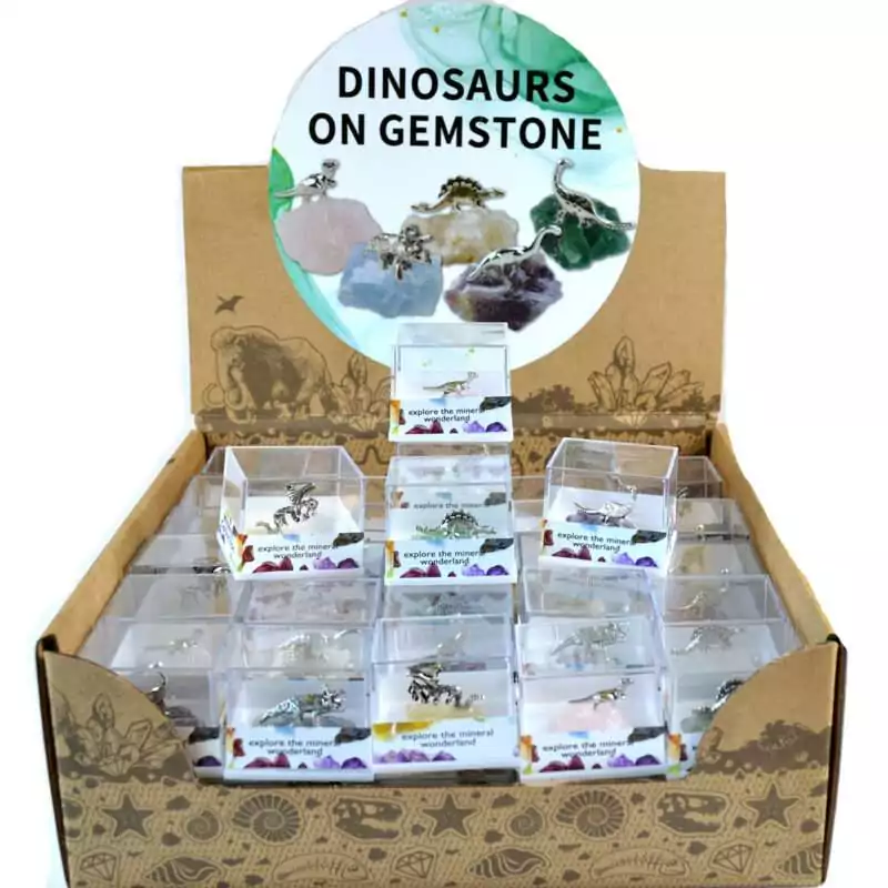 set-of-60-Dinosaurs-on-Stone-GD164 Set of 60 small colorful dinosaur figurines each mounted on a natural mineral or gemstone base, displayed together showing variety of stone colors and dinosaur poses