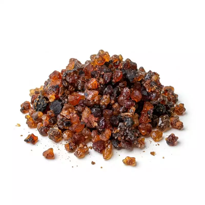 1-Lb-Ethiopian-Myrrh-granular-incense-IGETHMB_Z One-pound bag of Ethiopian Myrrh granular resin incense, bulk packaging showing large quantity of dark amber myrrh resin granules