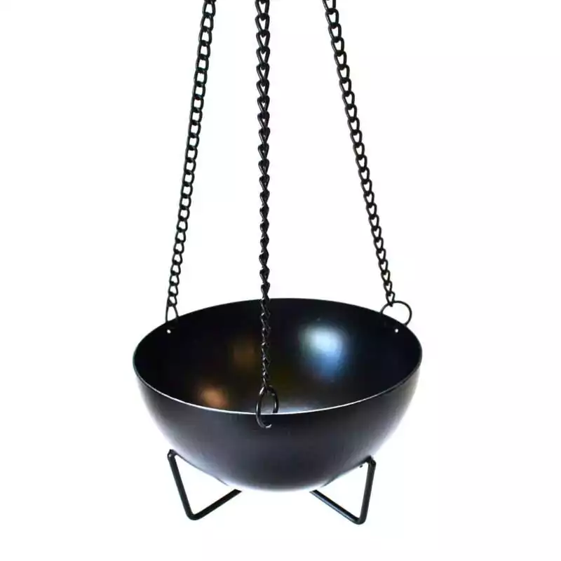 12quot-Hanging-metal-incense-burner-IBR57 Black hanging metal incense burner — cauldron style with chain suspension and leg support for tabletop use. 12-inch long with 4¾-inch wide bowl for charcoal, resin incense, sage, and palo santo burning.