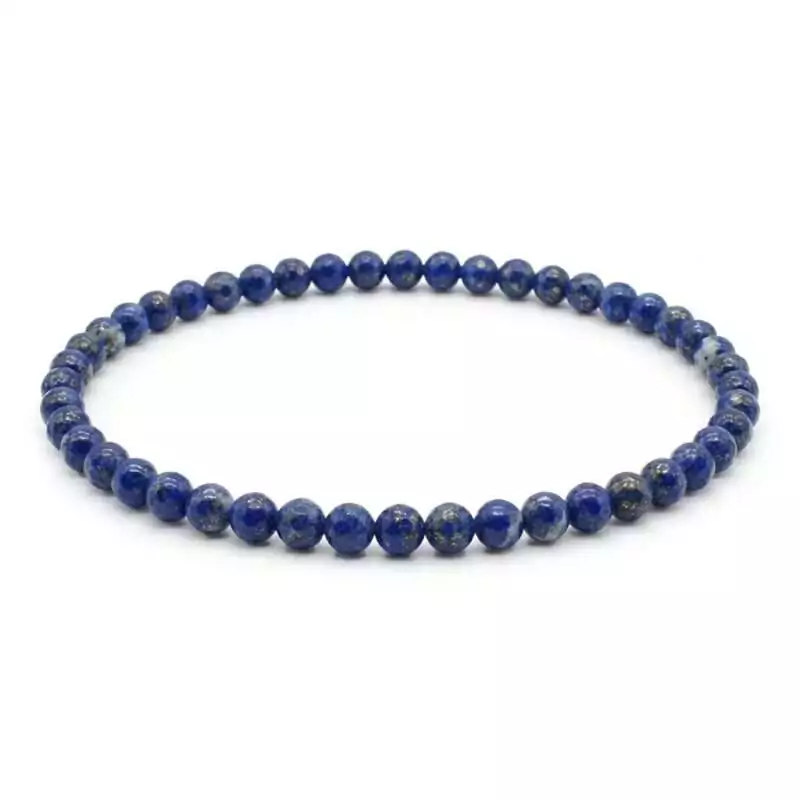 3mm-Lapis-JB3277_Z 3mm lapis lazuli beaded stretch bracelet with deep blue beads showing golden pyrite flecks, displayed on plain white surface